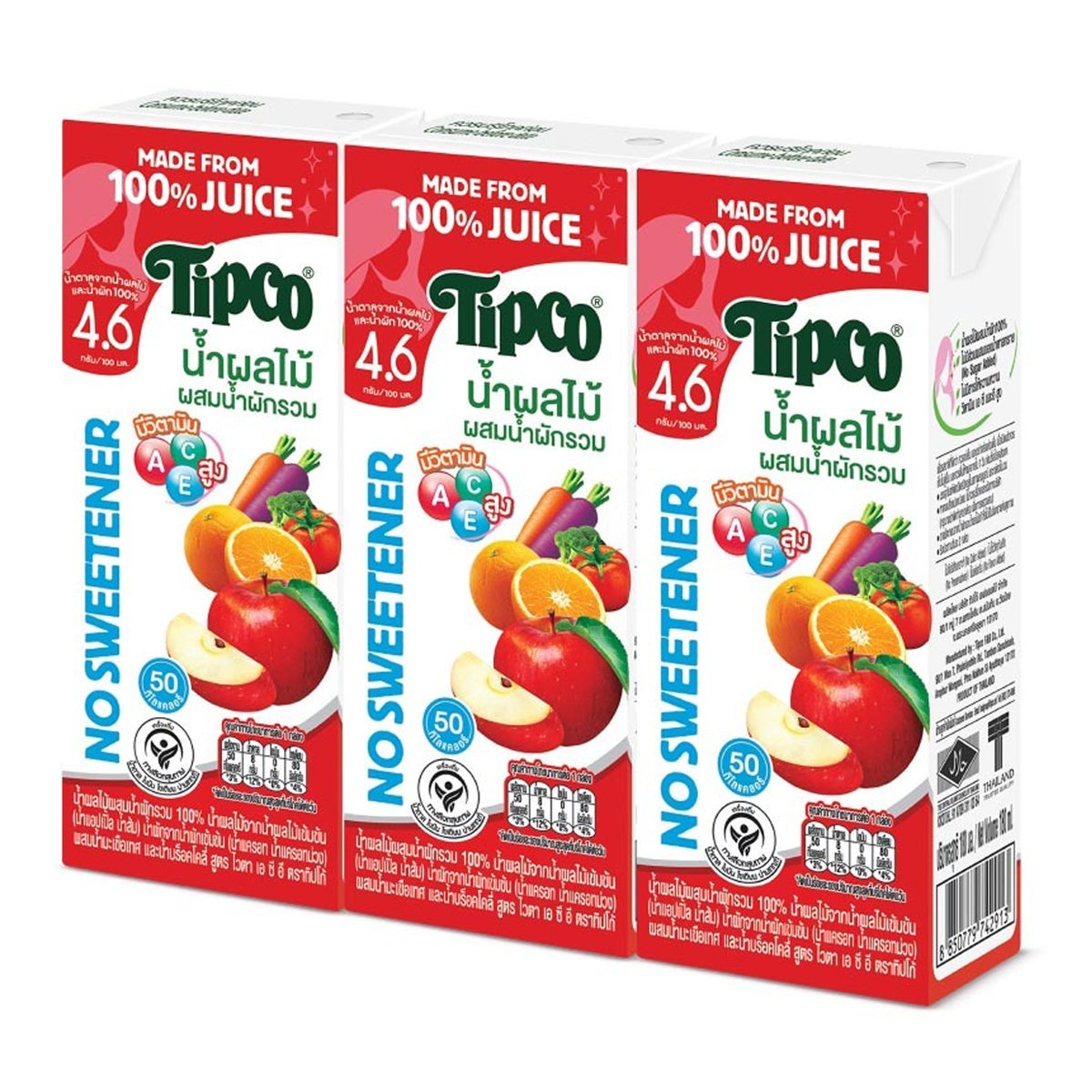 pdc_ทิปโก้ น้ำผลไม้ผสมน้ำผักรวม 100% สูตรไวตา เอ ซี อี 180 มล. แพ็ค 3