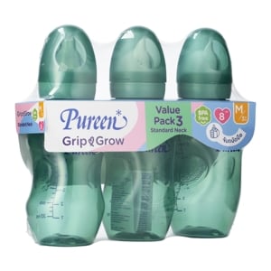 pdc_เพียวรีน กริป แอนด์ โกรว์ ขวดนมทรงมาตรฐาน 8 ออนซ์ แพ็ค 3 สีเขียว