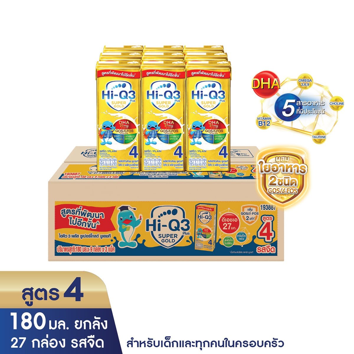 pdc_ไฮคิว 3 พลัส ซูเปอร์โกลด์ พรีไบโอโพรเทก นมยูเอชที สูตร 4 สำหรับเด็กและทุกคนในครอบครัว รสจืด 180 มล. แพ็ค 27