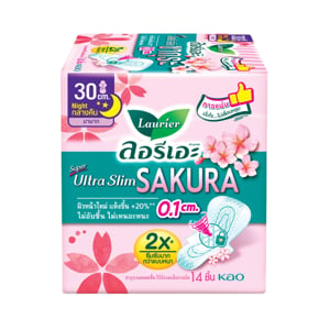 pdc_ลอรีเอะ ซูเปอร์ อัลตร้า สลิม ซากุระ ผ้าอนามัยแบบมีปีก สำหรับกลางคืน 30 ซม. 14 ชิ้น
