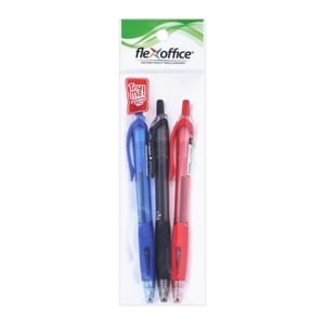 pdc_เฟล็กซ์ ออฟฟิศ ปากกาหมึกน้ำมันแบบกด รุ่น FO-GELBO12 ขนาด 0.7 มม. สีน้ำเงิน แดง และดำ แพ็ค 3
