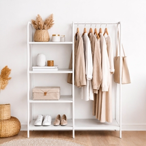 KURIN Coth Rack With 4 Tier Shelf Twin Plus 97 x 30 x 138 cm. Color White_1