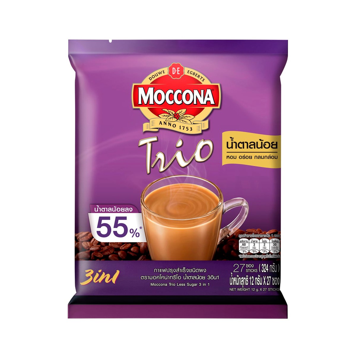 มอคโคน่า ทรีโอ 3อิน1 กาแฟปรุงสำเร็จชนิดผง น้ำตาลน้อย 12 ก. x 27 ชิ้น