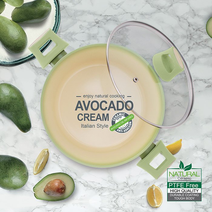 เบสิโค หม้ออะลูมิเนียมเคลือบเซรามิกพร้อมฝาแก้ว รุ่น THE AVOCADO COOKWARE SERISE ขนาด 24 ซม. สีอโวคาโด-ครีม_3