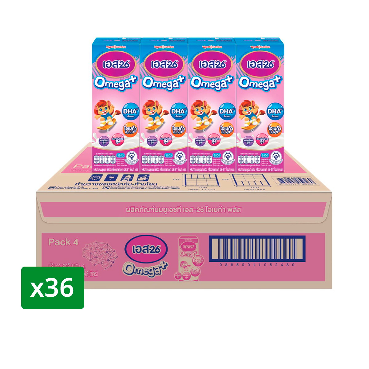 เอส-26 โอเมก้า พลัส นมยูเอชที รสจืด สูตร 3 180 มล. แพ็ค 36