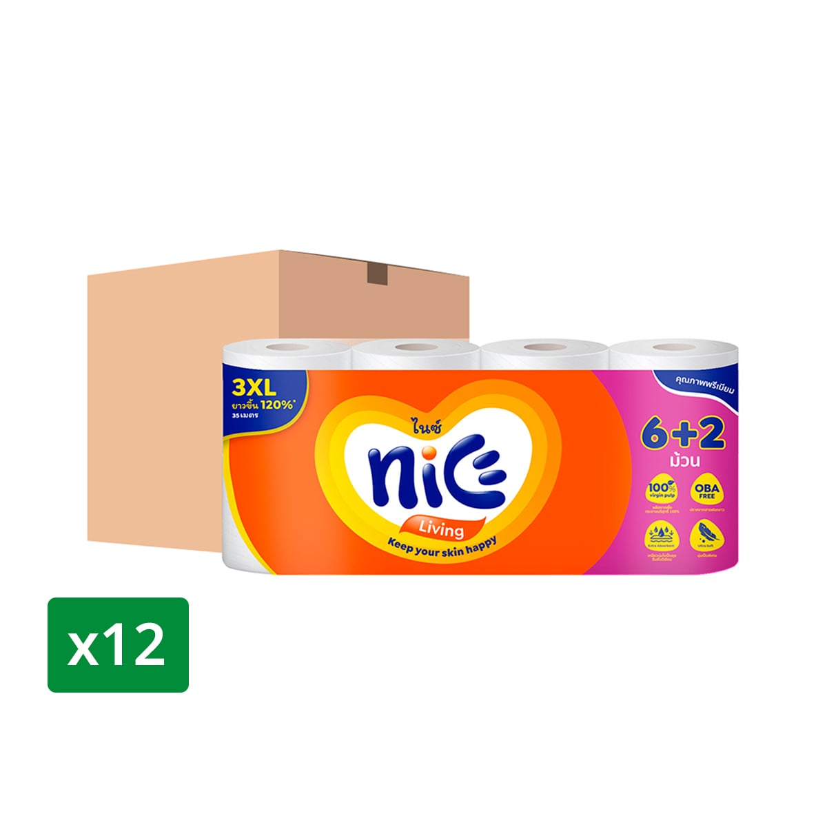 ไนซ์ เมก้าโรล กระดาษชำระ หนา 2 ชั้น 6+2 ม้วน x 12 แพ็ค