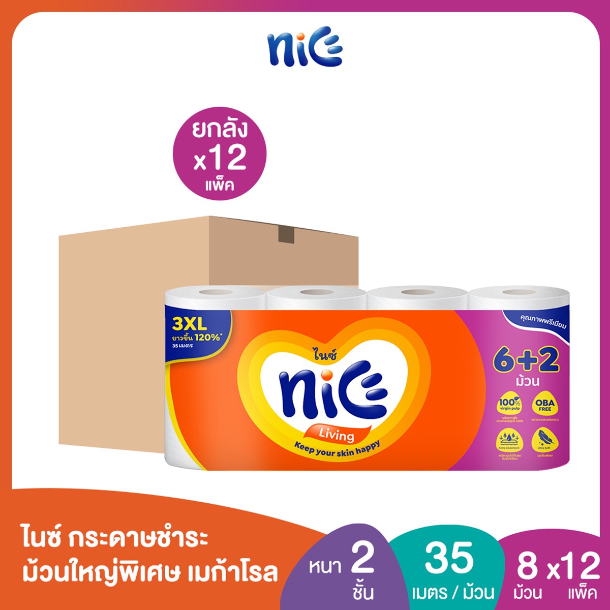 ไนซ์ เมก้าโรล กระดาษชำระ หนา 2 ชั้น 6+2 ม้วน x 12 แพ็ค_2