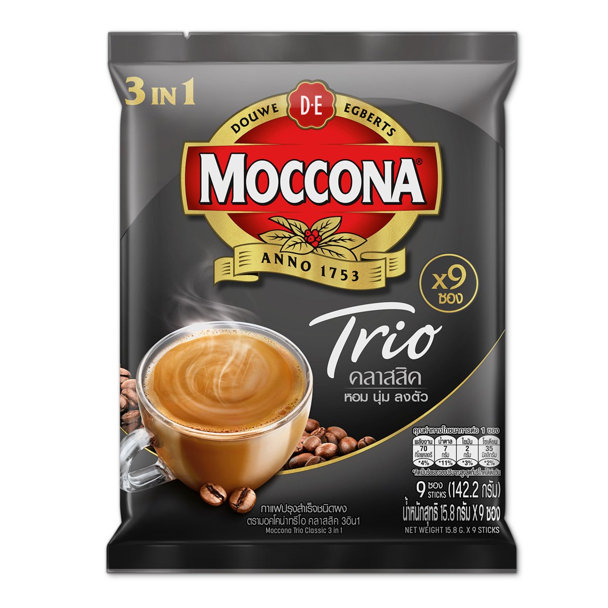 มอคโคน่า ทรีโอ กาแฟปรุงสำเร็จชนิดผง 3อิน1 คลาสสิก 15.8 ก. แพ็ค 9