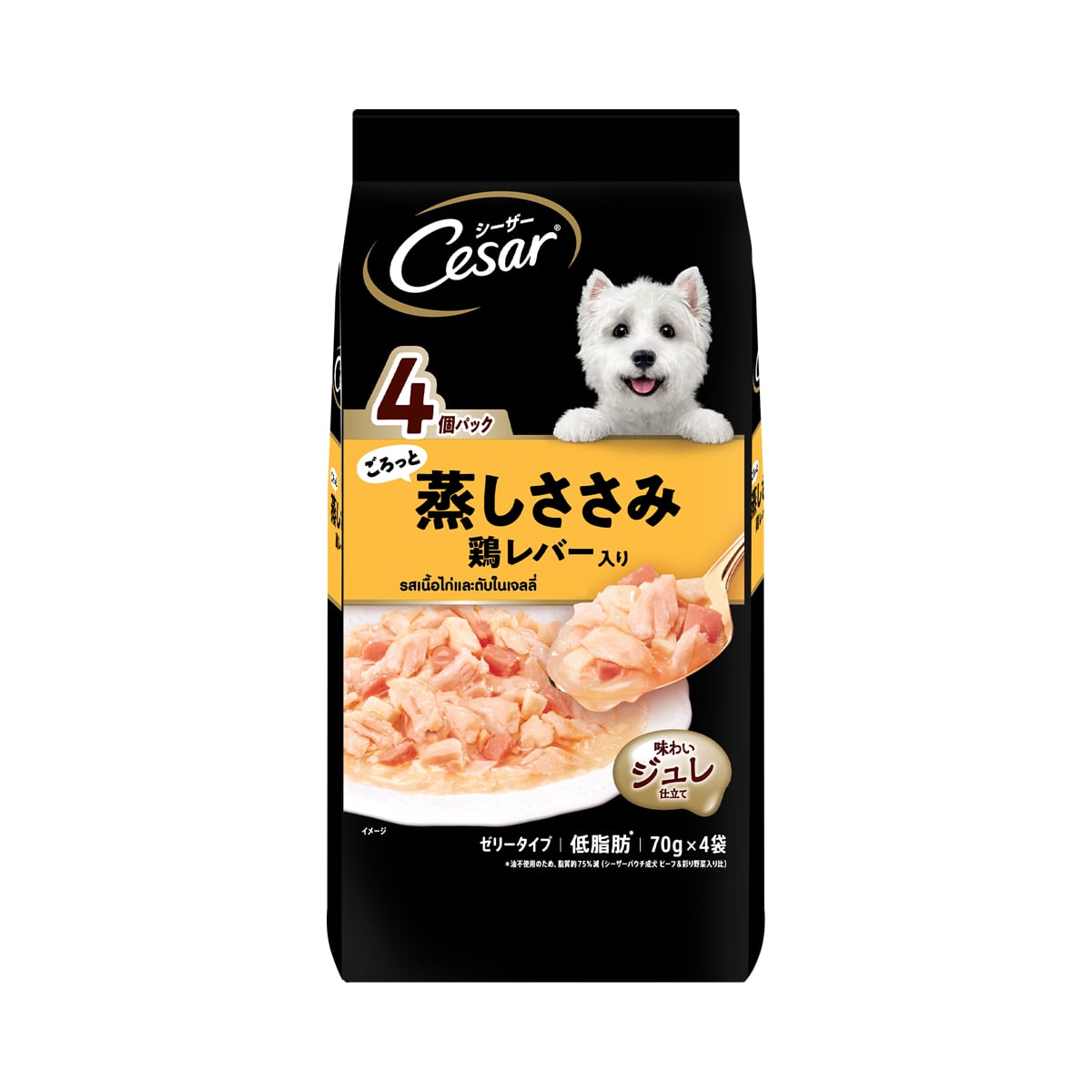 ซีซาร์ อาหารเปียกสุนัขโต รสเนื้อไก่และตับในเจลลี่ 70 ก. แพ็ค 4