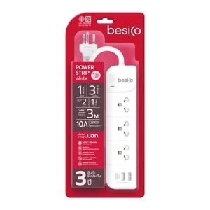 BESICO Power Strip 1 Switch 3 Outlets 2 USB-A Port 1 Type-C Port Cable Length 3 m.