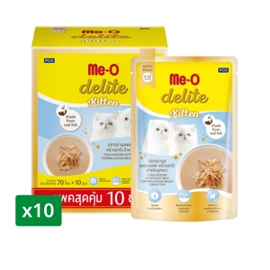 มีโอ ดีไลท์ คิตเทน อาหารลูกแมวชนิดเปียก รสปลาทูน่ามูสผสมนมแพะ หน้าปลาโอ 70 ก. แพ็ค 10