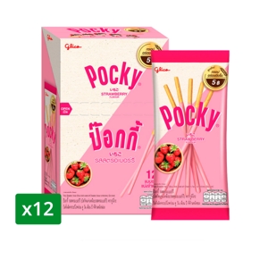 GLICO Pocky Biscuit Stick Coated with Strawberry Flavored Cream 9 g. Pack 12