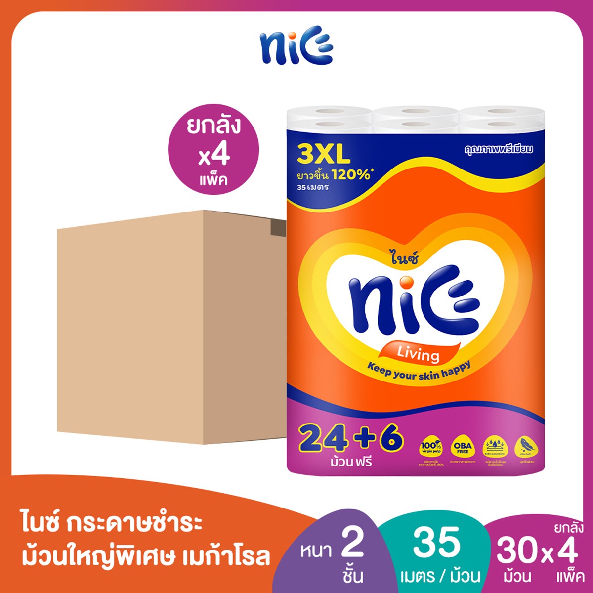 ไนซ์ เมก้าโรล กระดาษชำระ หนา 2 ชั้น 24+6 ม้วน x 4 แพ็ค_2