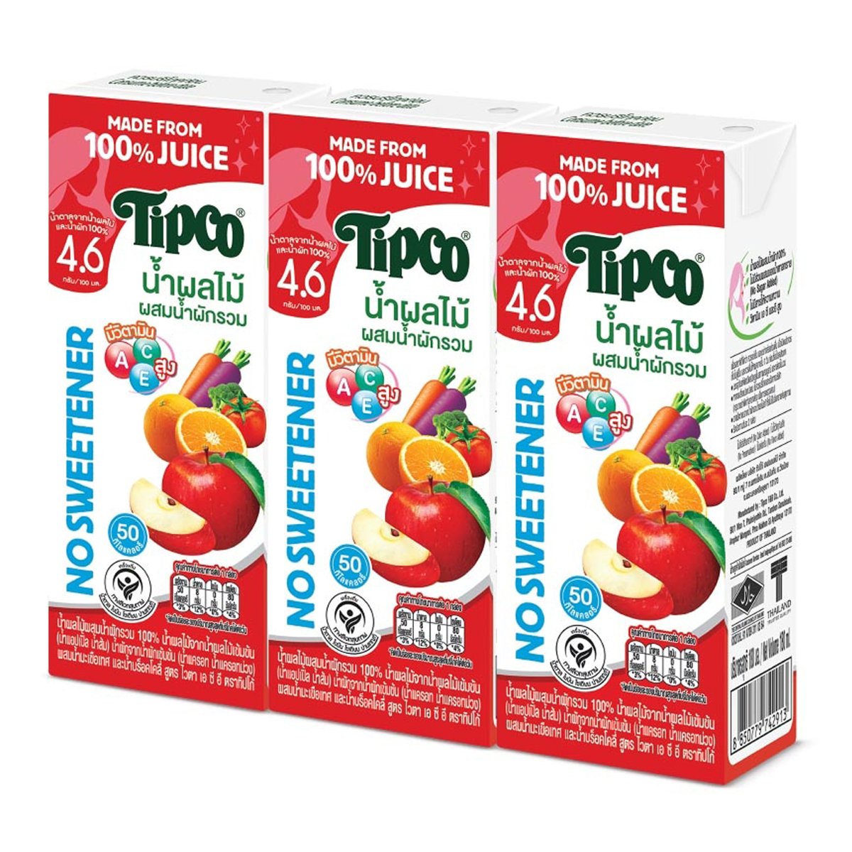 ทิปโก้ น้ำผลไม้ผสมน้ำผักรวม 100% สูตรไวตา เอ ซี อี 180 มล. แพ็ค 3