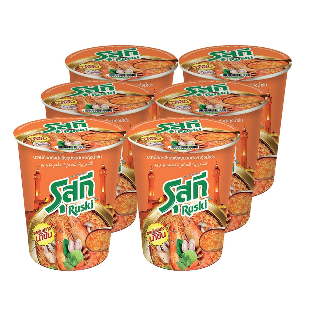 รุสกี บะหมี่คัพกึ่งสำเร็จรูป รสต้มยำกุ้งน้ำข้น 60 ก. แพค 6