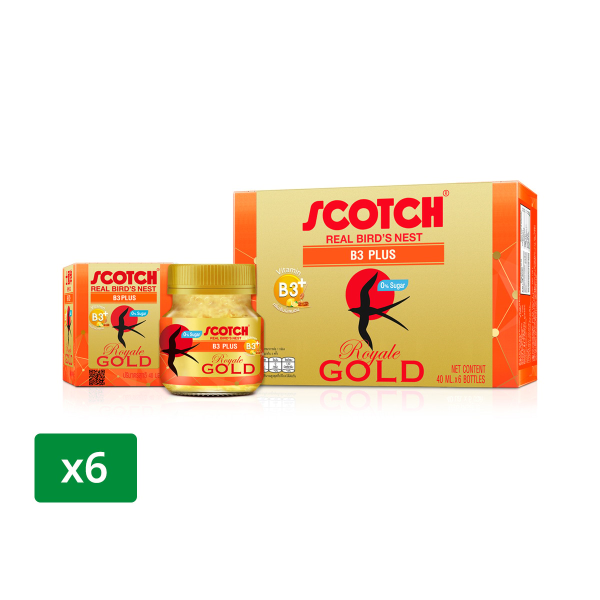 สก๊อต เครื่องดื่มรังนกแท้ รอเยล โกลด์ บี3 พลัส น้ำตาล 0% 40 มล. แพ็ค 6