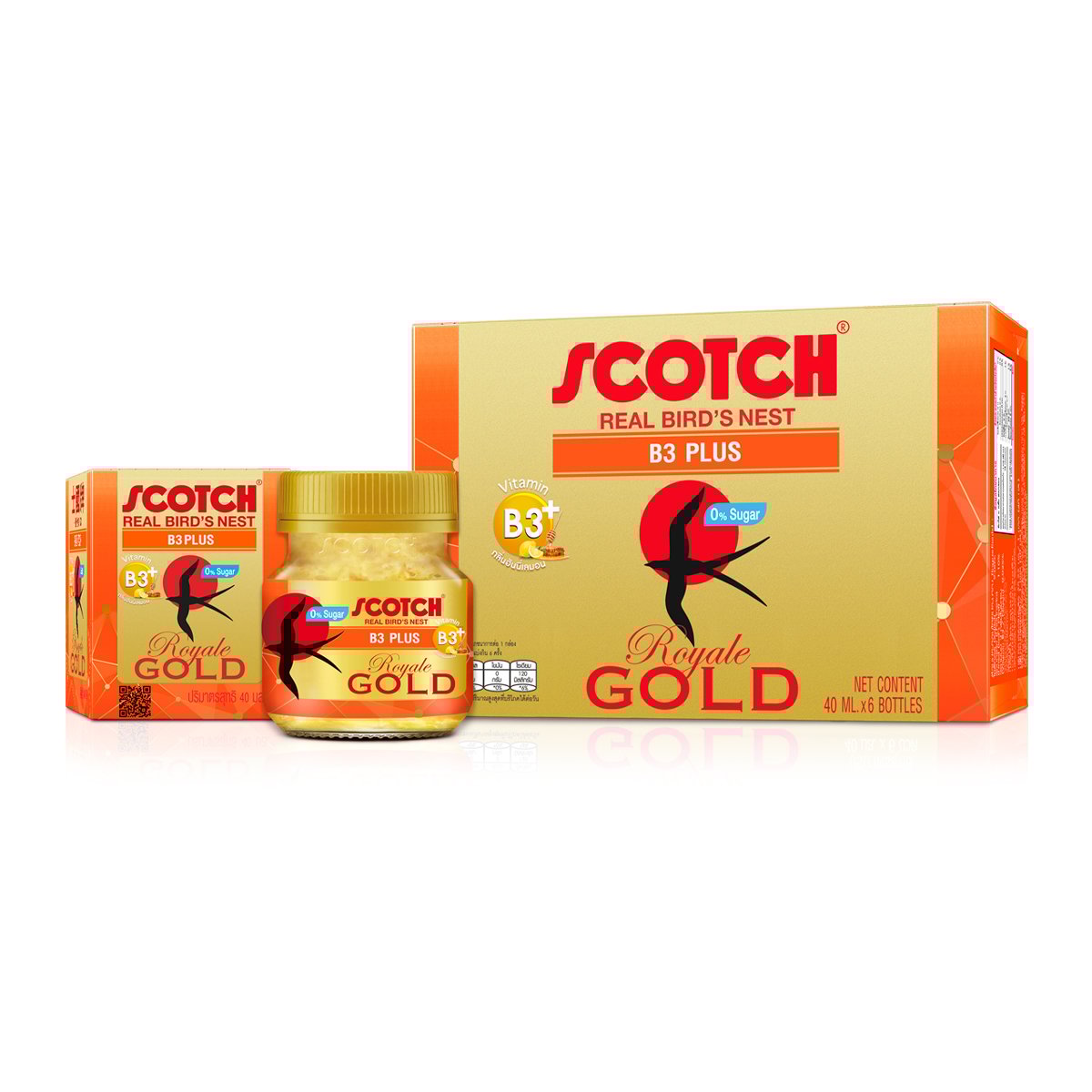 สก๊อต เครื่องดื่มรังนกแท้ รอเยล โกลด์ บี3 พลัส น้ำตาล 0% 40 มล. แพ็ค 6
