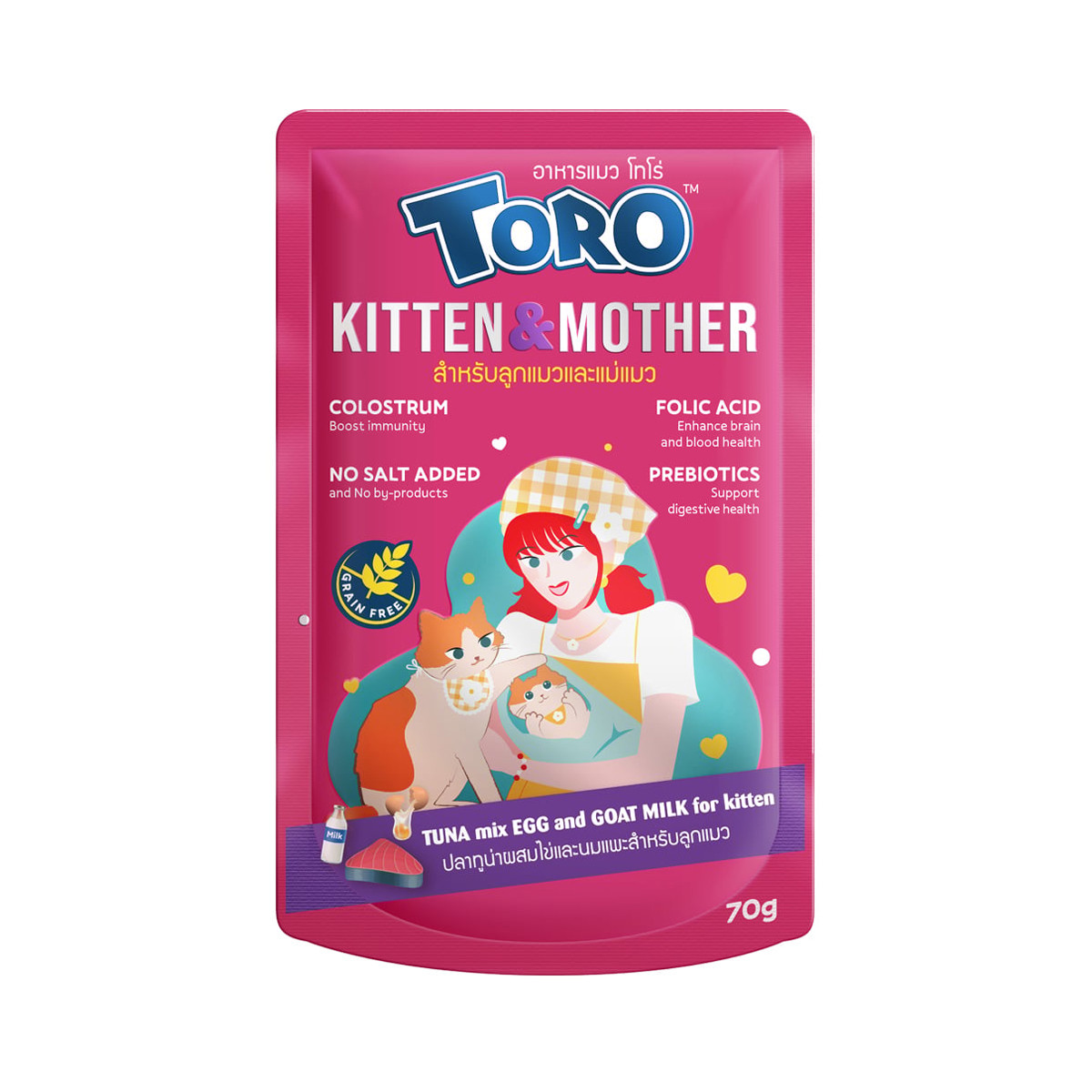 โทโร่ อาหารเปียกแมว สูตรสำหรับลูกแมวและแม่แมว รสปลาทูน่าผสมไข่และนมแพะ 70 ก.