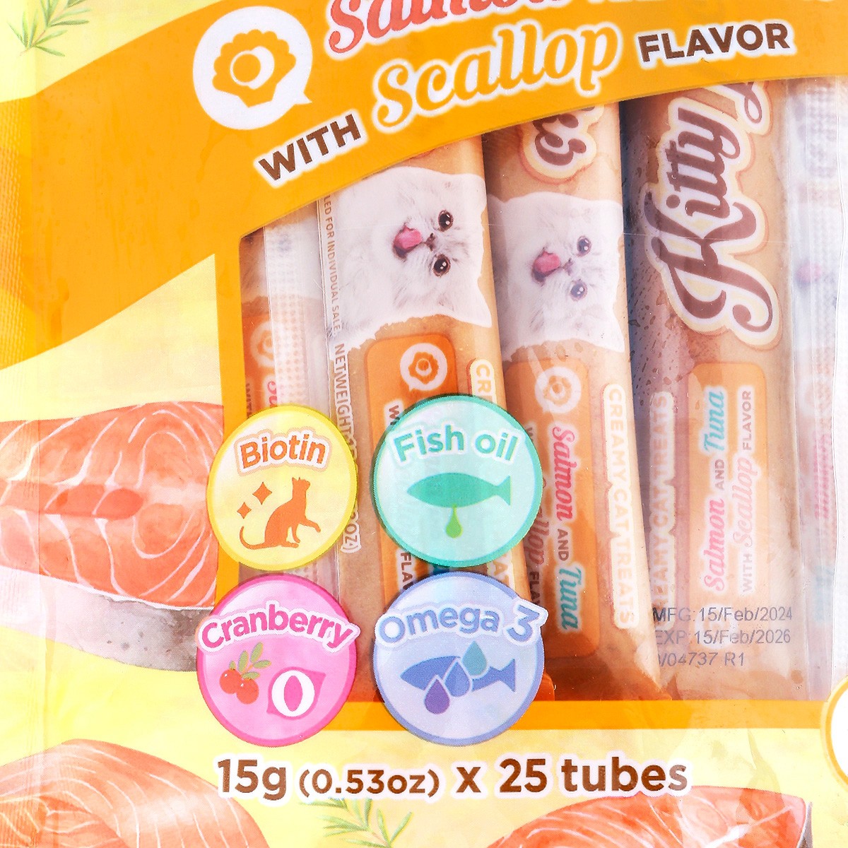 โนวี ขนมแมวเลีย รสแซลมอนกับทูน่าและหอยเซลล์ 15 ก. แพ็ค 25 ชิ้น_2