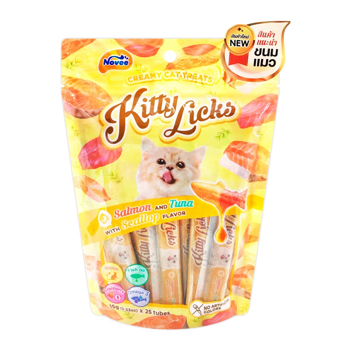 โนวี ขนมแมวเลีย รสแซลมอนกับทูน่าและหอยเซลล์ 15 ก. แพ็ค 25 ชิ้น_4