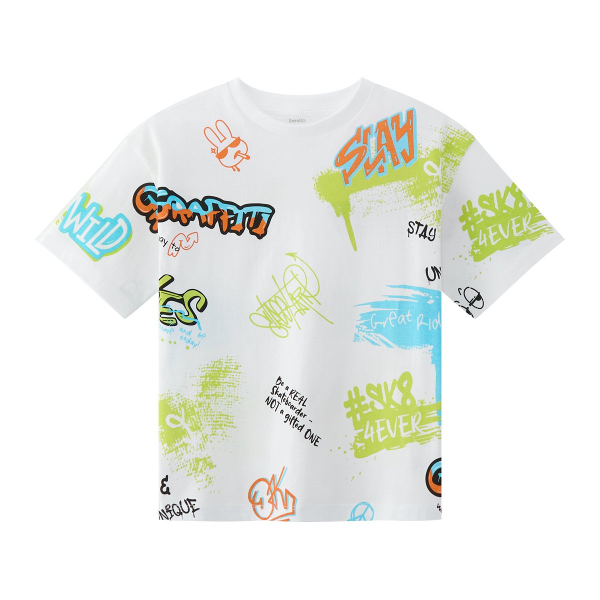เบสิโค เสื้อยืดคอกลมแขนสั้น พิมพ์ลาย สำหรับเด็กชาย รุ่น FKMG2405LB001 สีขาว