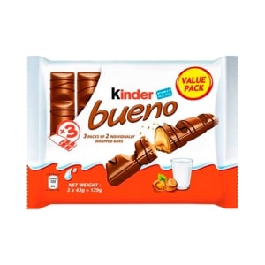 Kinder Bueno Milk Chocolate with Hazelnuts 43g. Pack 3