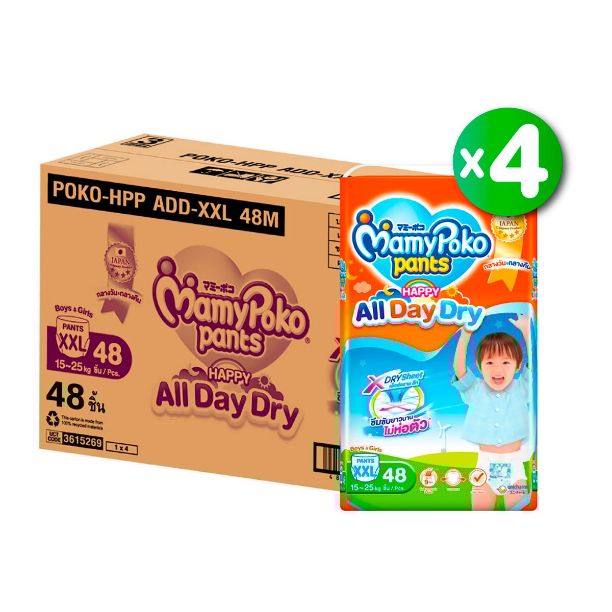 มามี่โพโค แพ้นท์ กางเกงผ้าอ้อม รุ่นแฮปปี้ ออลเดย์ดราย ขนาด XXL 48 ชิ้น x 4 แพ็ค_1