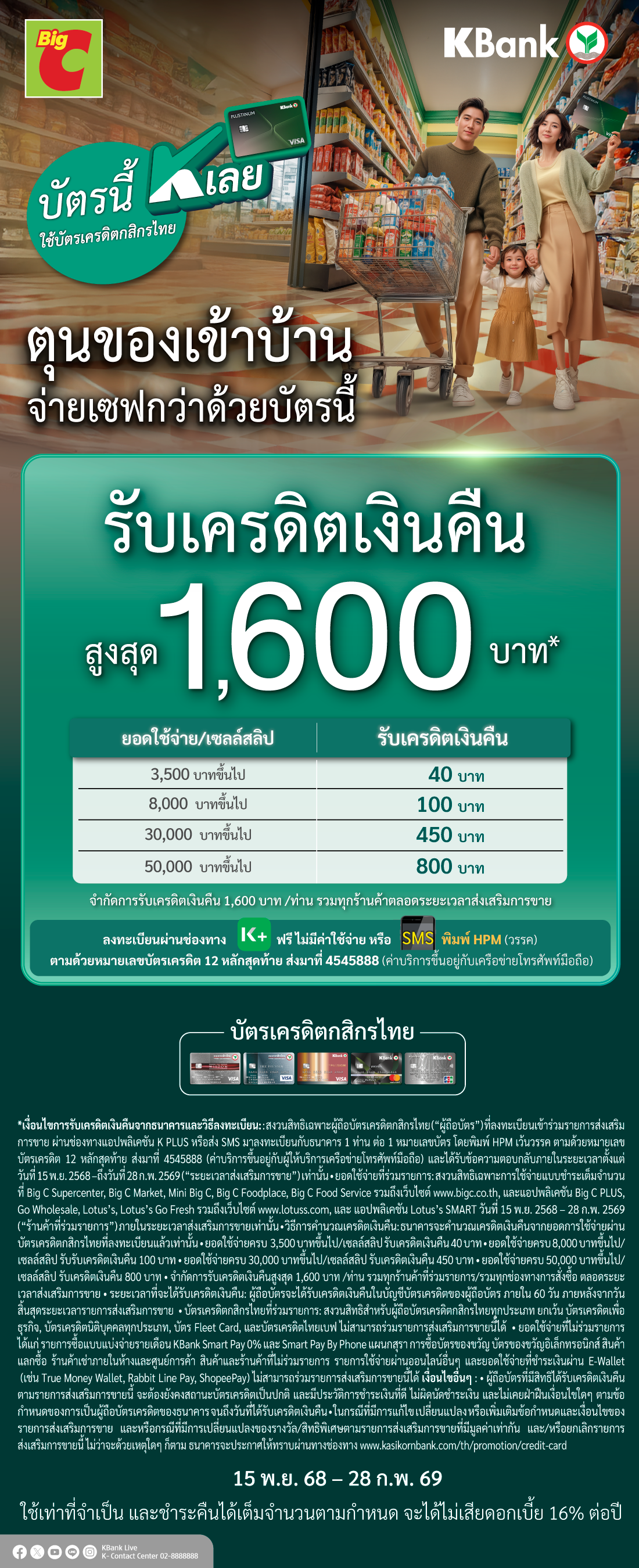 ช้อปที่บิ๊กซีกับบัตร KBank รับเครดิตเงินคืนสูงสุด 1,600 บาท